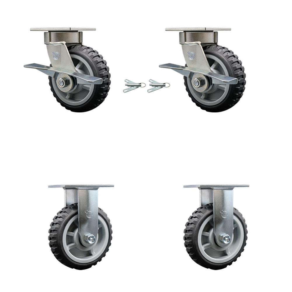 Heavy Duty Kingpinless Swivel Caster Set of 4 with 6 Inch MudderTuffer Thermoplastic Rubber Wheels and Ball Bearings - Includes 2 Swivel with Brakes and Swivel Locks and 2 Rigid - Service Caster Brand — photo 1