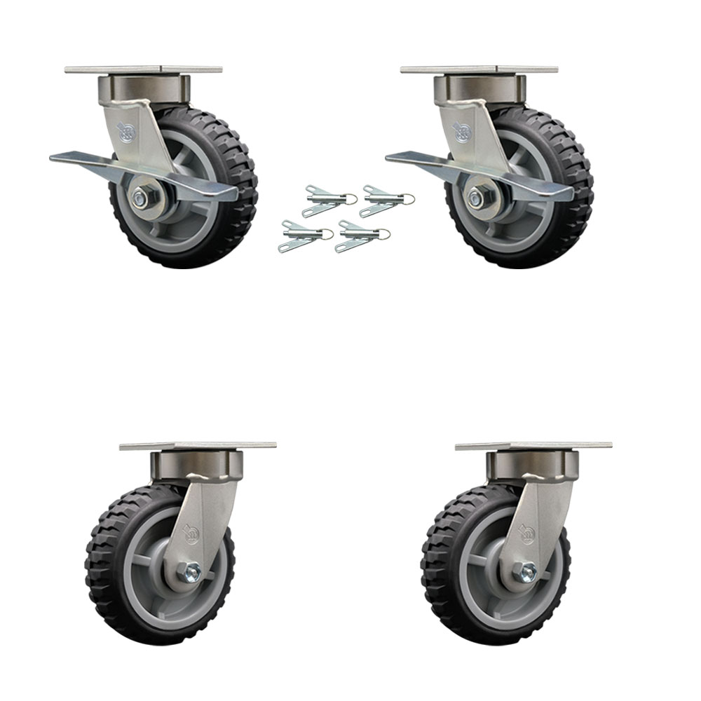 Heavy Duty Kingpinless Swivel Caster Set with 6 Inch MudderTuffer Thermoplastic Rubber Wheel and Ball Bearing-Include 2 Swivel with Brake&Swivel Lock and 2 Swivel with Swivel Lock-Service Caster Brand — photo 1