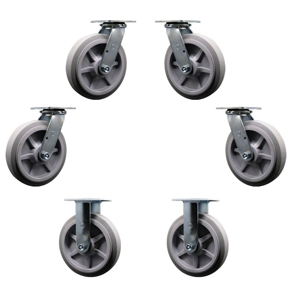 Service Caster Brand Replacement Caster Set for Magliner U Boat Casters 130076 130075 – Thermoplastic Rubber Flat Tread Swivel Top Plate Caster Set of 6 –8" x 2" Gray Wheels-Includes 4 Swivel &2 Rigid — photo 1