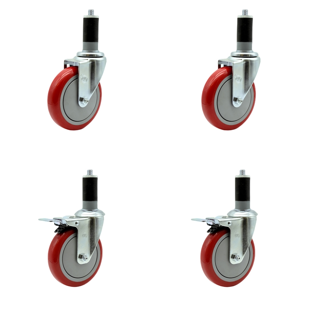 Regency Work Table and Equipment Stand Caster Set – 5 Inch Red Poly Wheel -  Replacement Casters - 2 Swivel with Total Lock Brakes and 2 Swivel Casters - Set of 4 - Service Caster Brand — photo 1