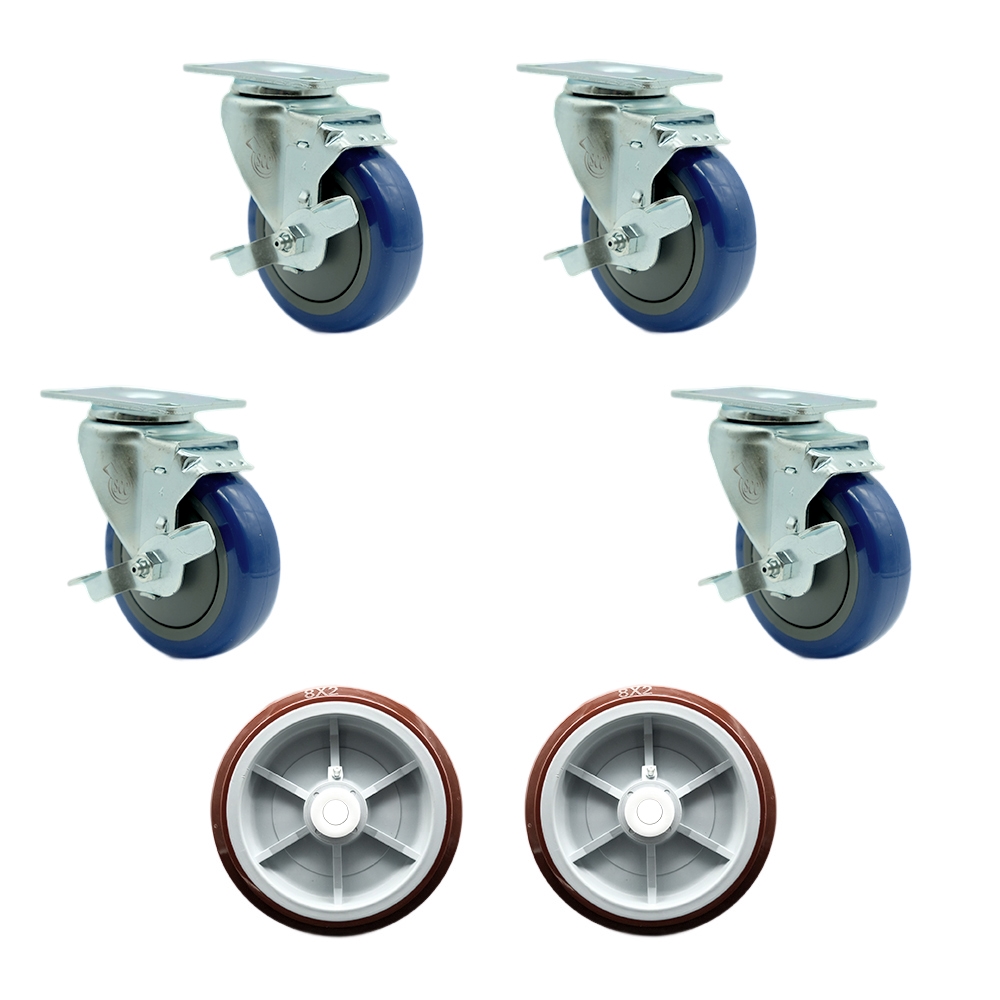 Regency 600UBCKIT6 U-Boat Utility Cart Caster and Wheel Full Replacement Set - Includes 4 Swivel Blue Casters with Brakes and 2 Wheels - Service Caster Brand — photo 1