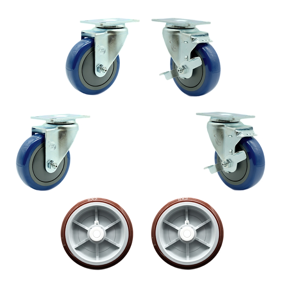 Regency 600UBCKIT6 U-Boat Utility Cart Caster and Wheel Full Replacement Set - Includes 4 Swivel Blue Casters, 2 with Brakes and 2 Wheels - Service Caster Brand — photo 1