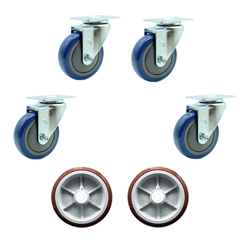Regency 600UBCKIT6 U-Boat Utility Cart Caster and Wheel Full Replacement Set - Includes 4 Swivel Blue Casters and 2 Wheels - Service Caster Brand — photo 1