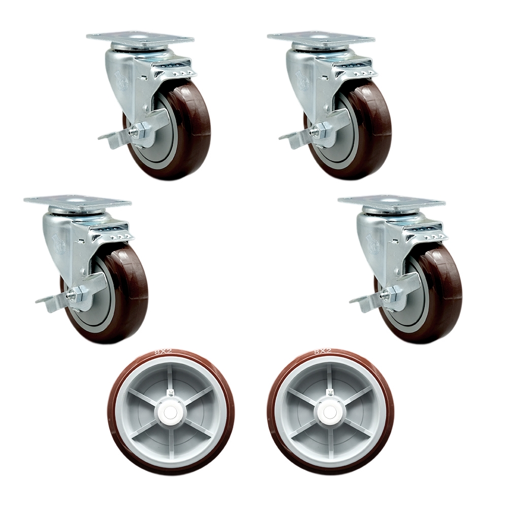 Regency 600UBCKIT6 U-Boat Utility Cart Caster and Wheel Full Replacement Set - Includes 4 Swivel Maroon Casters with Brakes and 2 Wheels - Service Caster Brand — photo 1