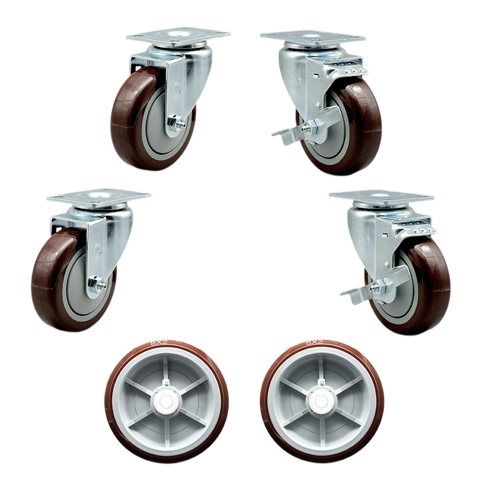 Regency 600UBCKIT6 U-Boat Utility Cart Caster and Wheel Full Replacement Set - Includes 4 Swivel Maroon Casters, 2 with Brakes and 2 Wheels - Service Caster Brand — photo 1