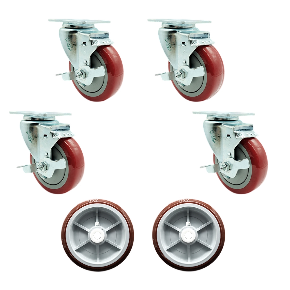 Regency 600UBCKIT6 U-Boat Utility Cart Caster and Wheel Full Replacement Set - Includes 4 Swivel Red Casters with Brakes and 2 Wheels - Service Caster Brand — photo 1