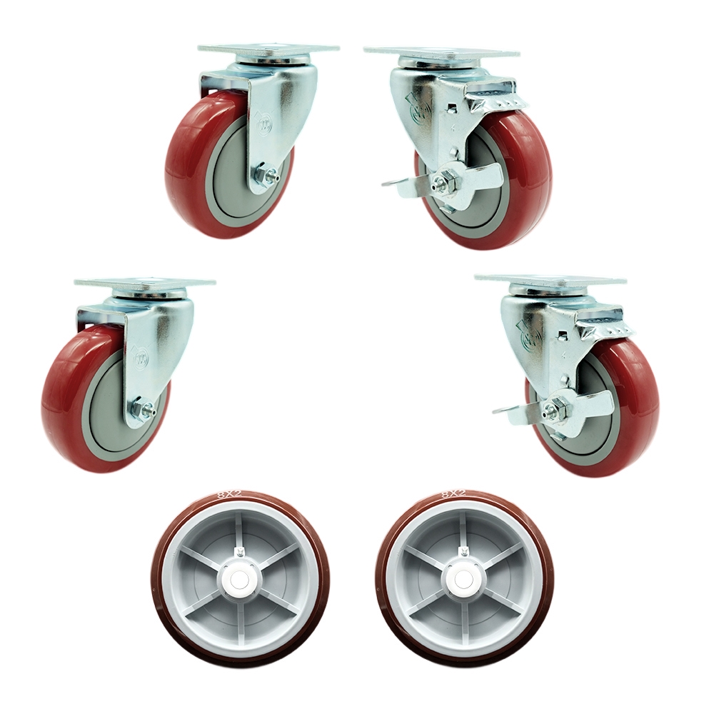 Regency 600UBCKIT6 U-Boat Utility Cart Caster and Wheel Full Replacement Set - Includes 4 Swivel Red Casters, 2 with Brakes and 2 Wheels - Service Caster Brand — photo 1