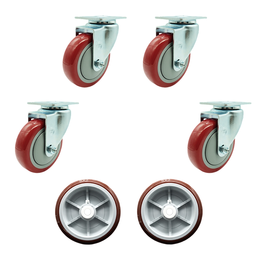 Regency 600UBCKIT6 U-Boat Utility Cart Caster and Wheel Full Replacement Set - Includes 4 Swivel Red Casters and 2 Wheels - Service Caster Brand — photo 1