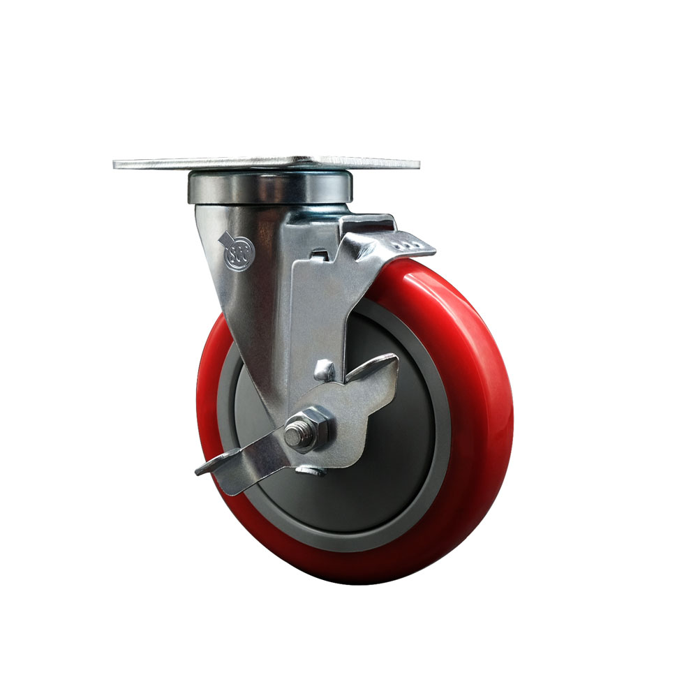 600CASTERPC4 Regency 5 Inch Swivel Caster with Brake - Fits Regency Models 351BASE24 351BASE36 600DC1536 600DC1548 600DC1560 - Light Duty Replacement - Red Polyurethane Wheel - Service Caster Brand — photo 1