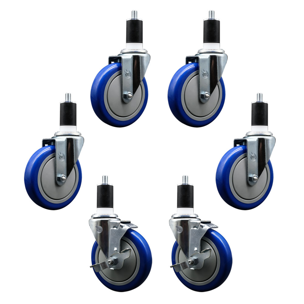 600CASTER6 Regency 5 Inch Expanding Stem Caster Set - Light Duty Replacement - Blue Polyurethane Wheel - Includes 4 Swivel Casters & 2 Swivel Casters with Brakes - Service Caster Brand — photo 1