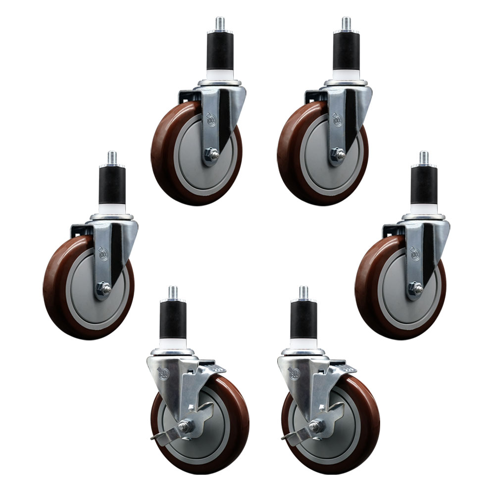 600CASTER6 Regency 5 Inch Expanding Stem Caster Set - Light Duty Replacement - Maroon Polyurethane Wheel - Includes 4 Swivel Casters & 2 Swivel Casters with Brakes - Service Caster Brand — photo 1