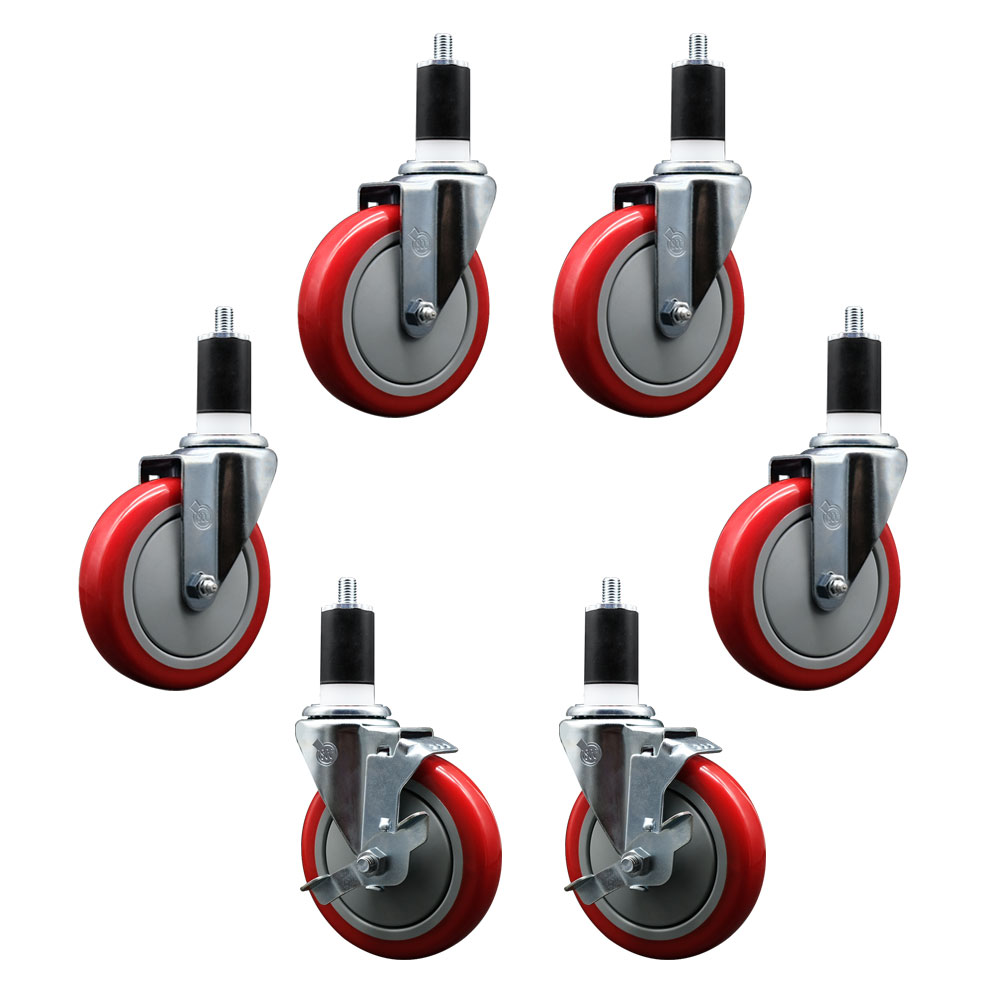 600CASTER6 Regency 5 Inch Expanding Stem Caster Set - Light Duty Replacement - Red Polyurethane Wheel - Includes 4 Swivel Casters & 2 Swivel Casters with Brakes - Service Caster Brand — photo 1