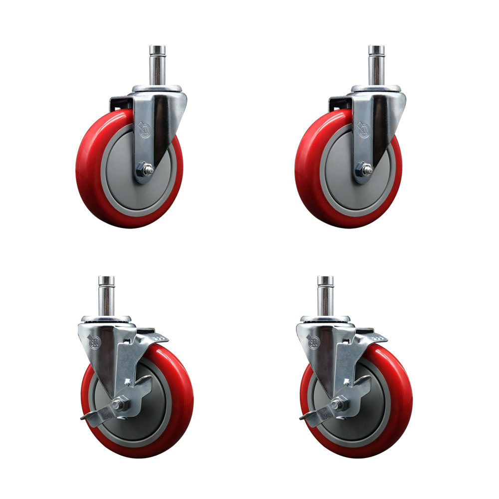 460EC26 EC-26 Regency 5 Inch Grip Ring Stem Caster Set-Fits Regency Shelving Units-Light Duty Replacement-Red Poly Wheel-Includes 2 Swivel Casters&2 Swivel Casters with Brakes-Service Caster Brand — photo 1