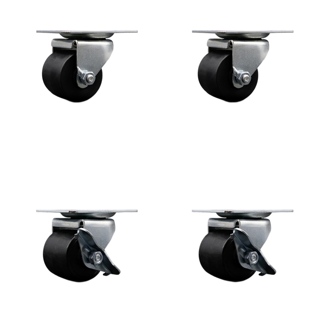 Low Profile Swivel Top Plate Caster Set - 2 Inch by 1-13/16 Inch Polyolefin Wheel - 1,200 lbs. Total Capacity - Includes 2 Swivel Casters with Brakes and 2 Swivel Casters - Service Caster Brand — photo 1