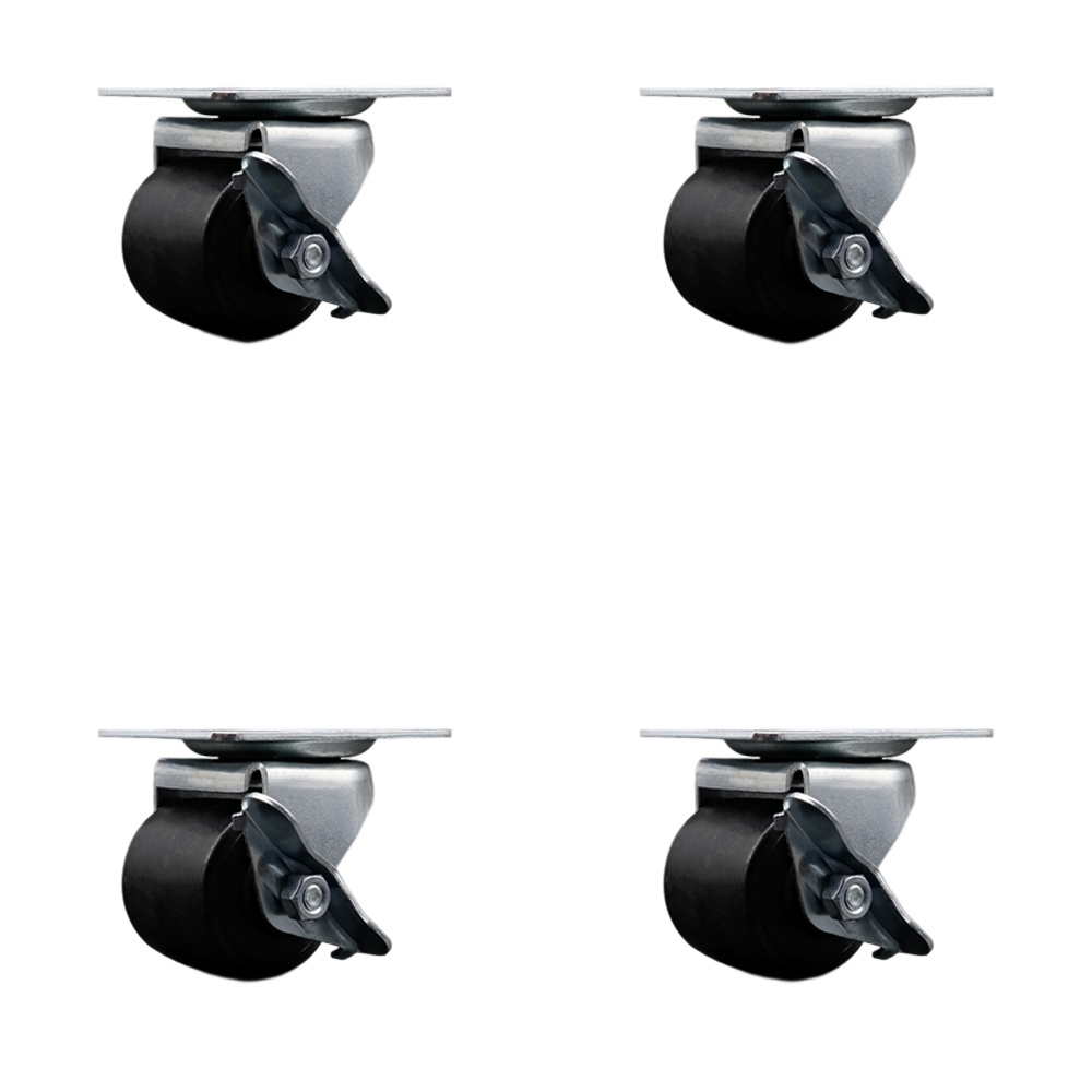 Low Profile Swivel Top Plate Caster with Brake Set - 2 Inch by 1-13/16 Inch Polyolefin Wheel - 1,200 lbs. Total Capacity - Includes 4 Swivel Casters with Brakes - Service Caster Brand — photo 1