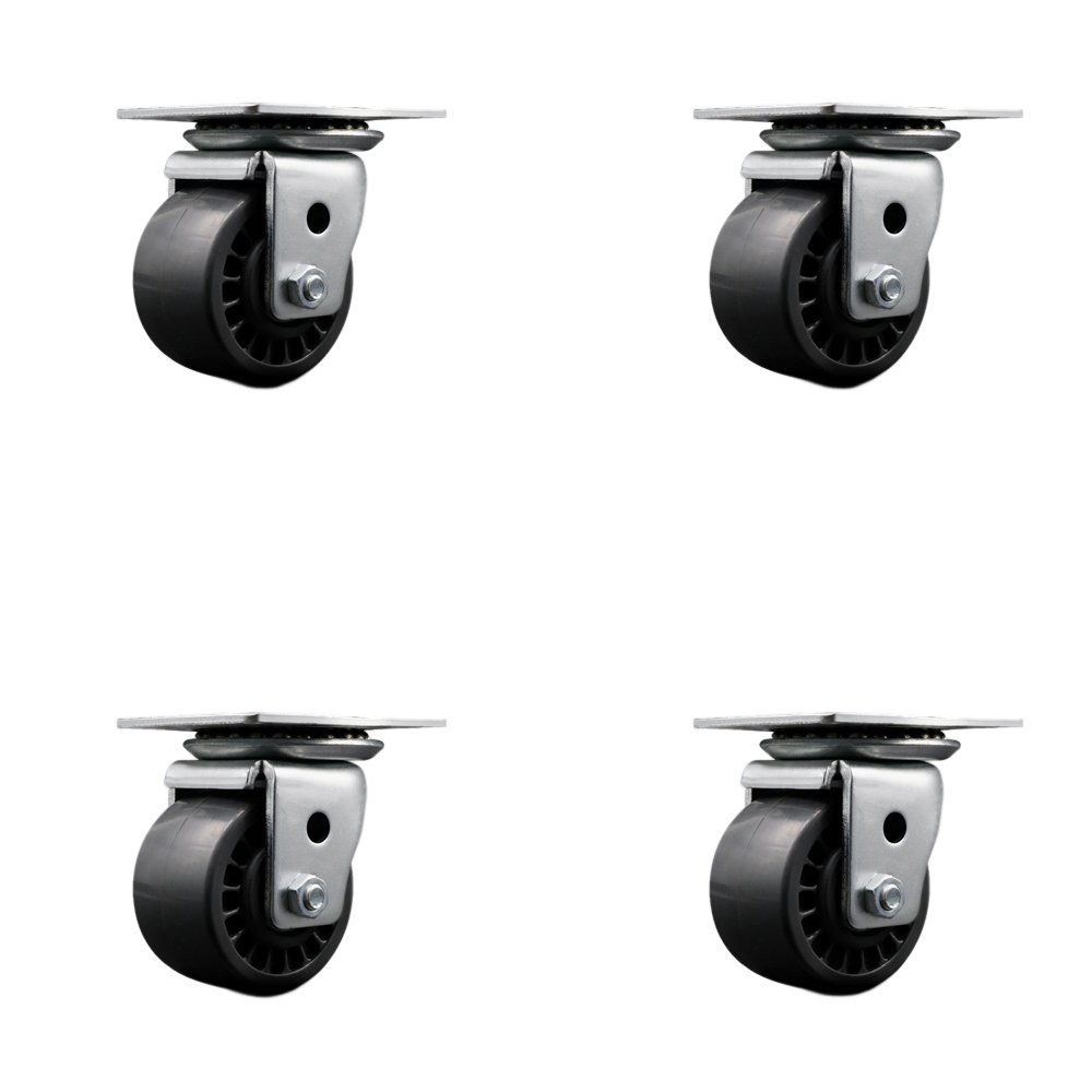 Low Profile Business Machine Swivel Top Plate Caster Set - 3 Inch by 1-13/16 Inch Solid Polyurethane Wheel - Roller Bearing - 2,800 lbs. Total Capacity-Includes 4 Swivel Casters - Service Caster Brand — photo 1
