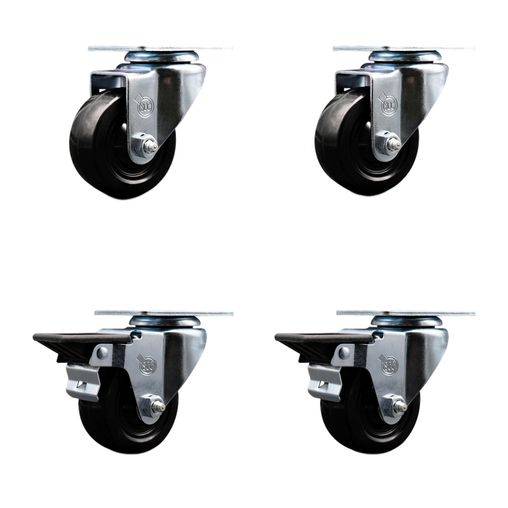 Hard Rubber Swivel Top Plate Caster Set of 4 with 3 Inch Black Wheels - Includes 2 Swivel with Posi Locking Brakes and 2 Swivel - 1100 lbs. Total Capacity - Service Caster Brand — photo 1