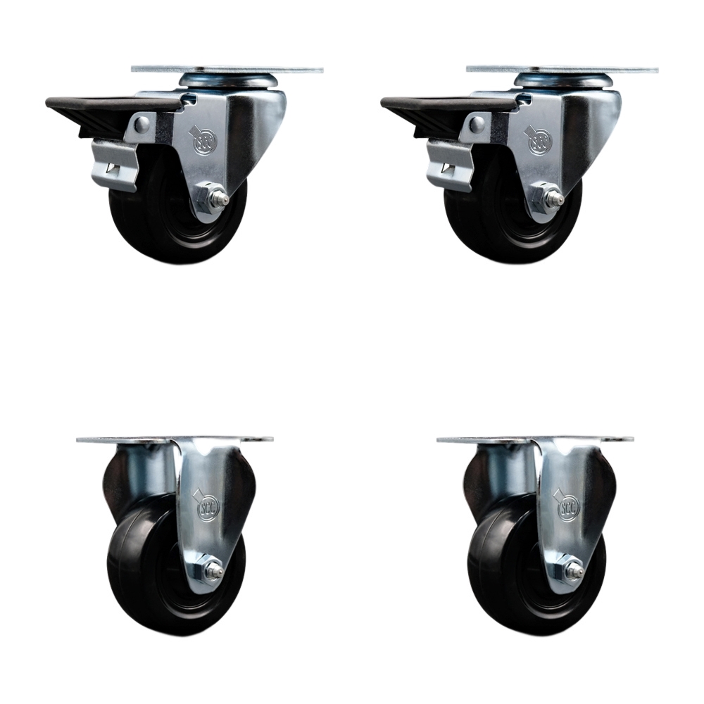 Hard Rubber Swivel Top Plate Caster Set of 4 with 3 Inch Black Wheels - Includes 2 Swivel with Posi Locking Brakes and 2 Rigid - 1100 lbs. Total Capacity - Service Caster Brand — photo 1