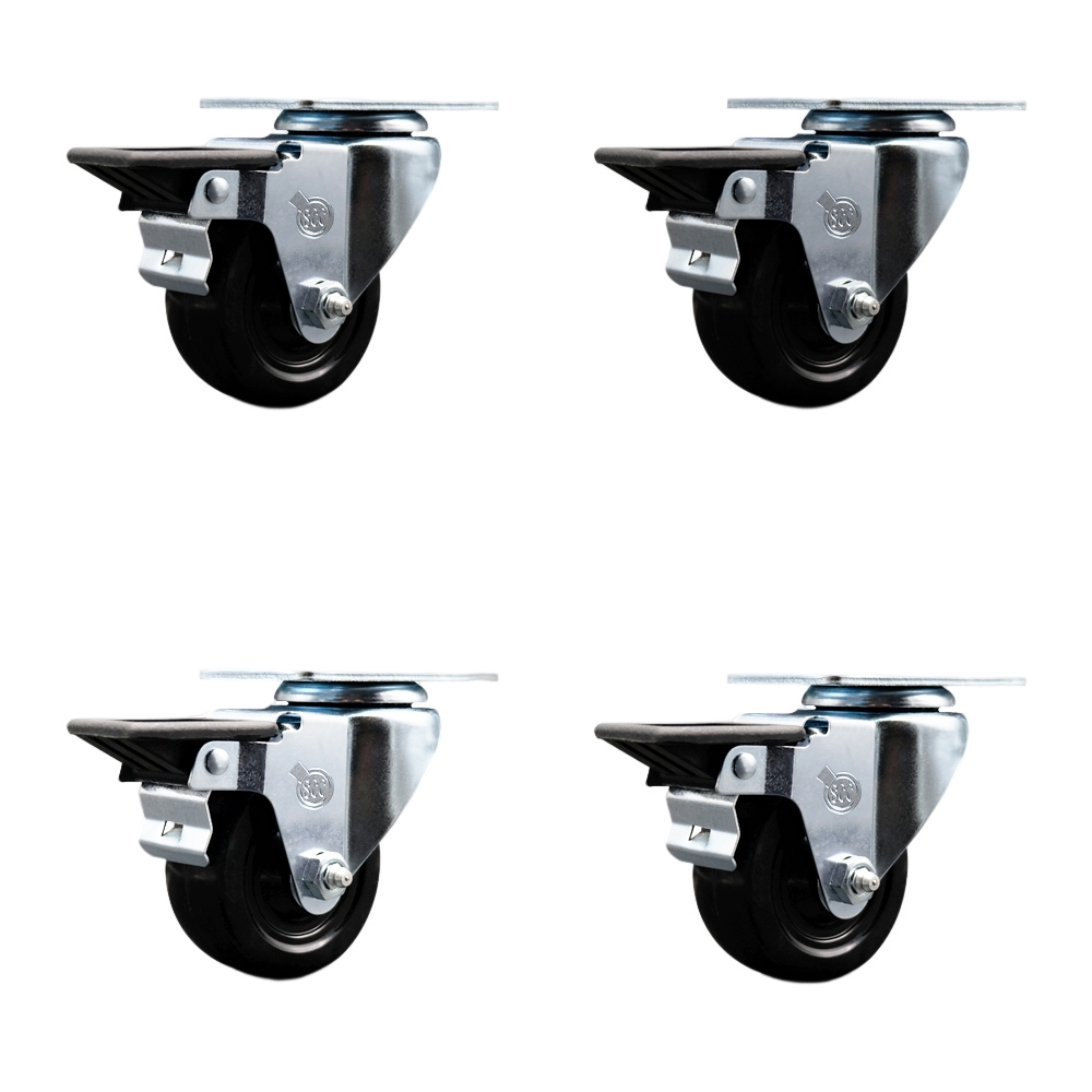 Hard Rubber Swivel Top Plate Caster Set of 4 with 3 Inch Black Wheels - Includes 4 Swivel with Posi Lock Brakes - 1100 lbs. Total Capacity - Service Caster Brand — photo 1