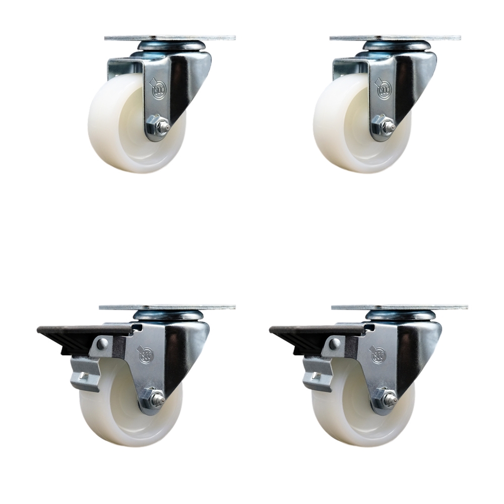 Nylon Swivel Top Plate Caster Set of 4 with 3 Inch White Wheels - Includes 2 Swivel with Posi Locking Brakes and 2 Swivel - 1200 lbs. Total Capacity - Service Caster Brand — photo 1