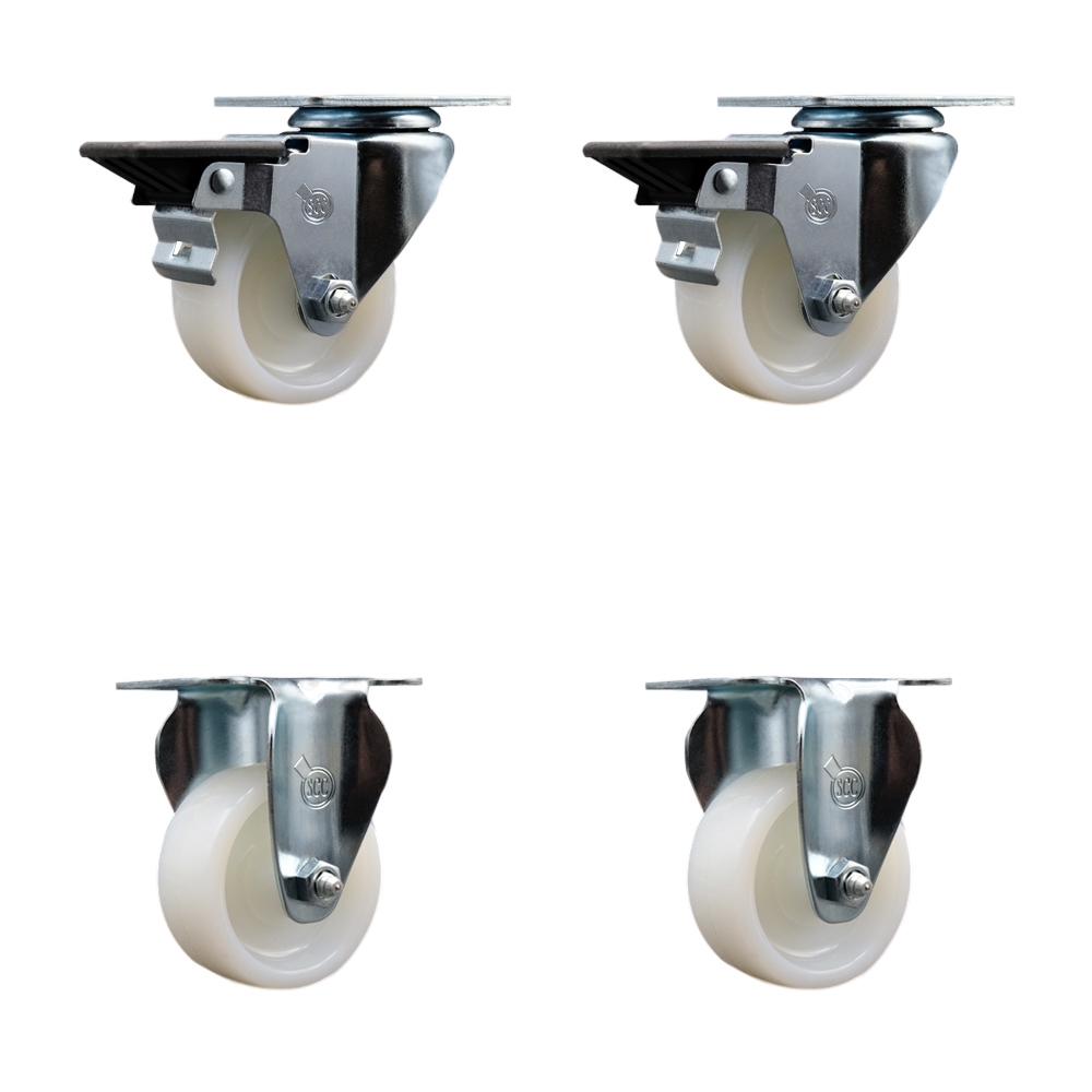 Nylon Swivel Top Plate Caster Set of 4 with 3 Inch White Wheels - Includes 2 Swivel with Posi Locking Brakes and 2 Rigid - 1200 lbs. Total Capacity - Service Caster Brand — photo 1