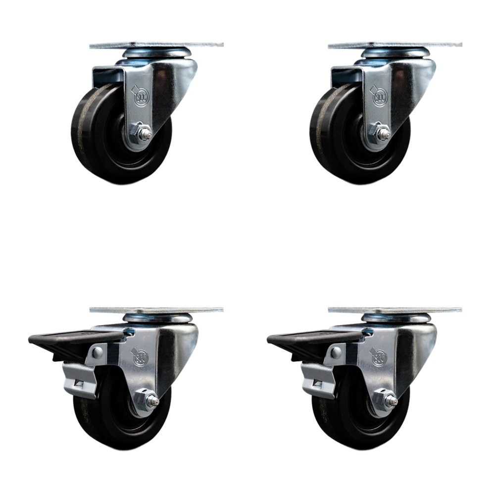 Phenolic Swivel Top Plate Caster Set of 4 with 3 Inch Black Wheels - Includes 2 Swivel with Posi Locking Brakes and 2 Swivel - 1200 lbs. Total Capacity - Service Caster Brand — photo 1