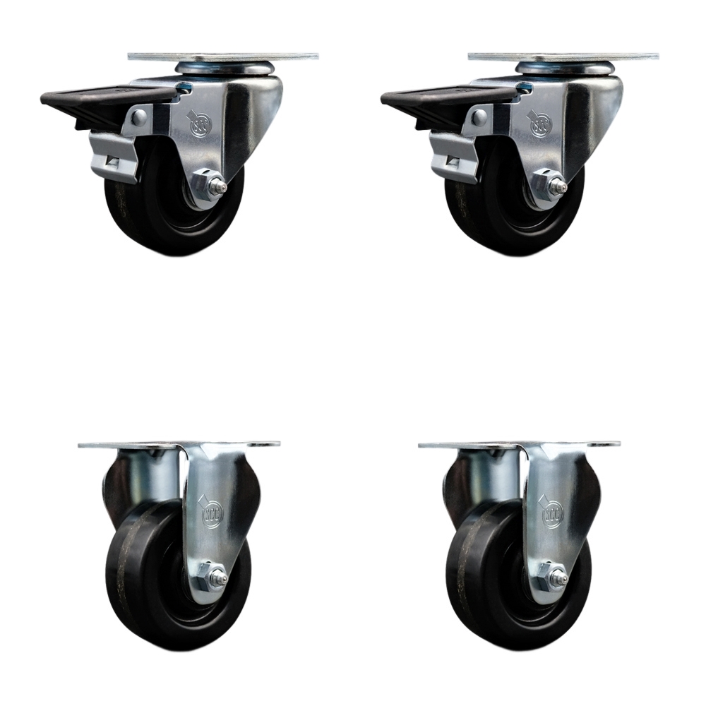 Phenolic Swivel Top Plate Caster Set of 4 with 3 Inch Black Wheels with Roller Bearings - Includes 2 Swivel with Posi Locking Brakes and 2 Rigid - 1200 lbs. Total Capacity - Service Caster Brand — photo 1