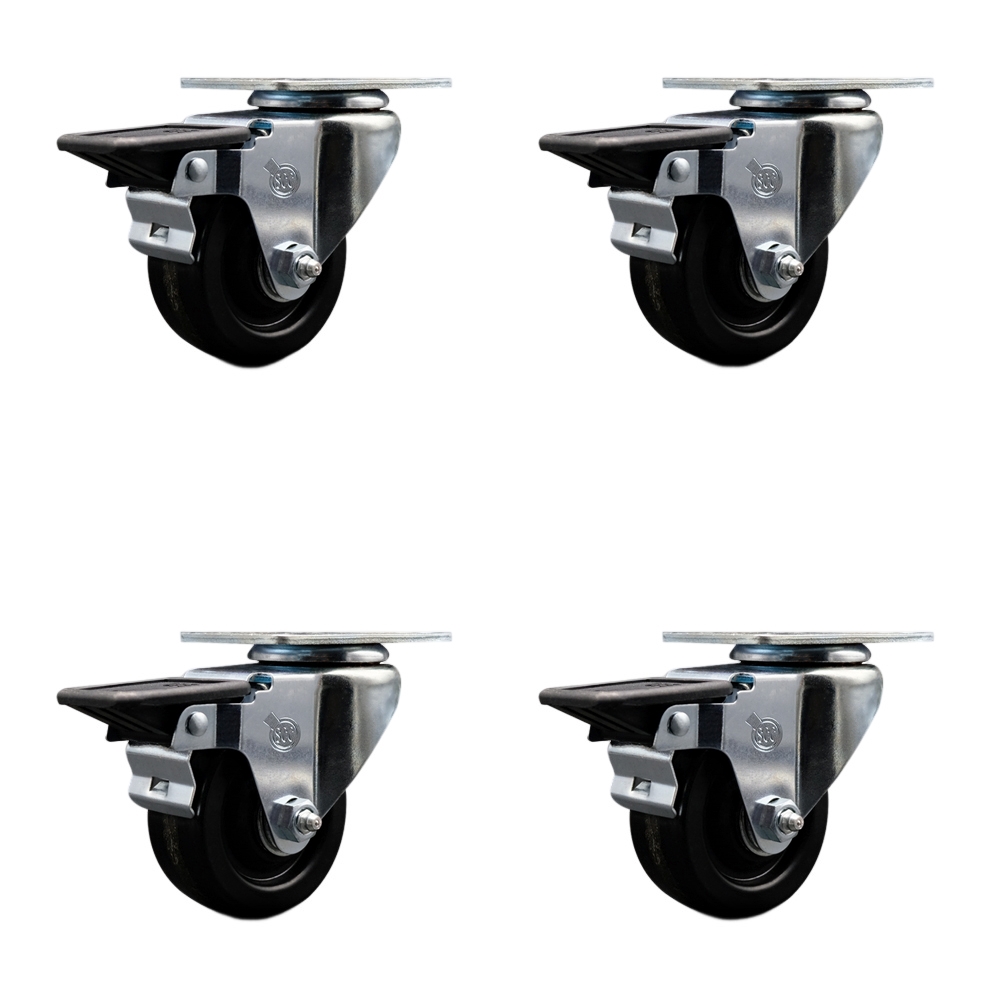 Phenolic Swivel Top Plate Caster Set of 4 with 3 Inch Black Wheels with Roller Bearings - Includes 4 Swivel with Posi Lock Brakes - 1200 lbs. Total Capacity - Service Caster Brand — photo 1