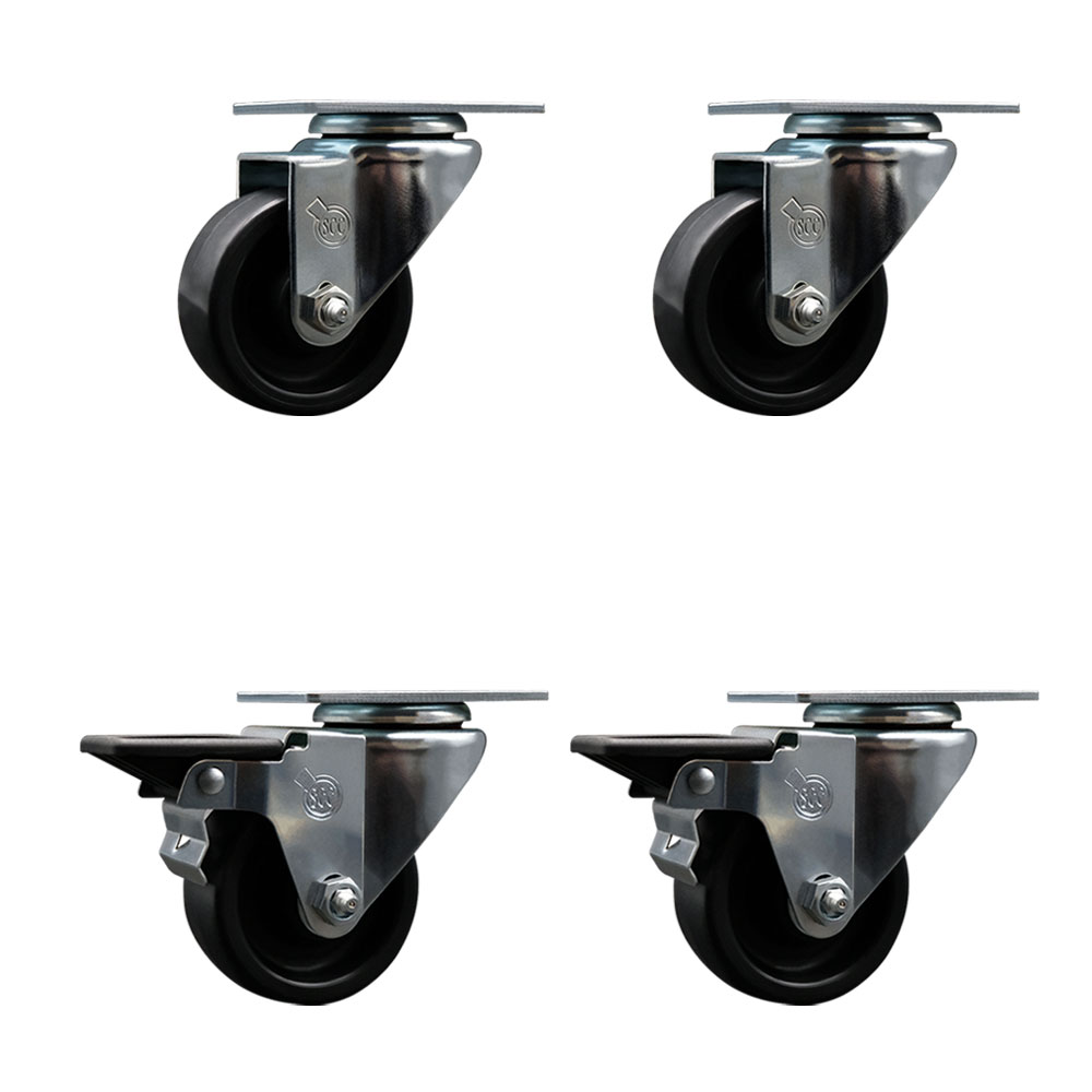 Polyolefin Swivel Top Plate Caster Wheels Set of 4 with 3 Inch Black Wheels - Includes 2 Swivel with Posi Lock Brakes and 2 Swivel - 1200 lbs. Total Capacity - Service Caster Brand — photo 1