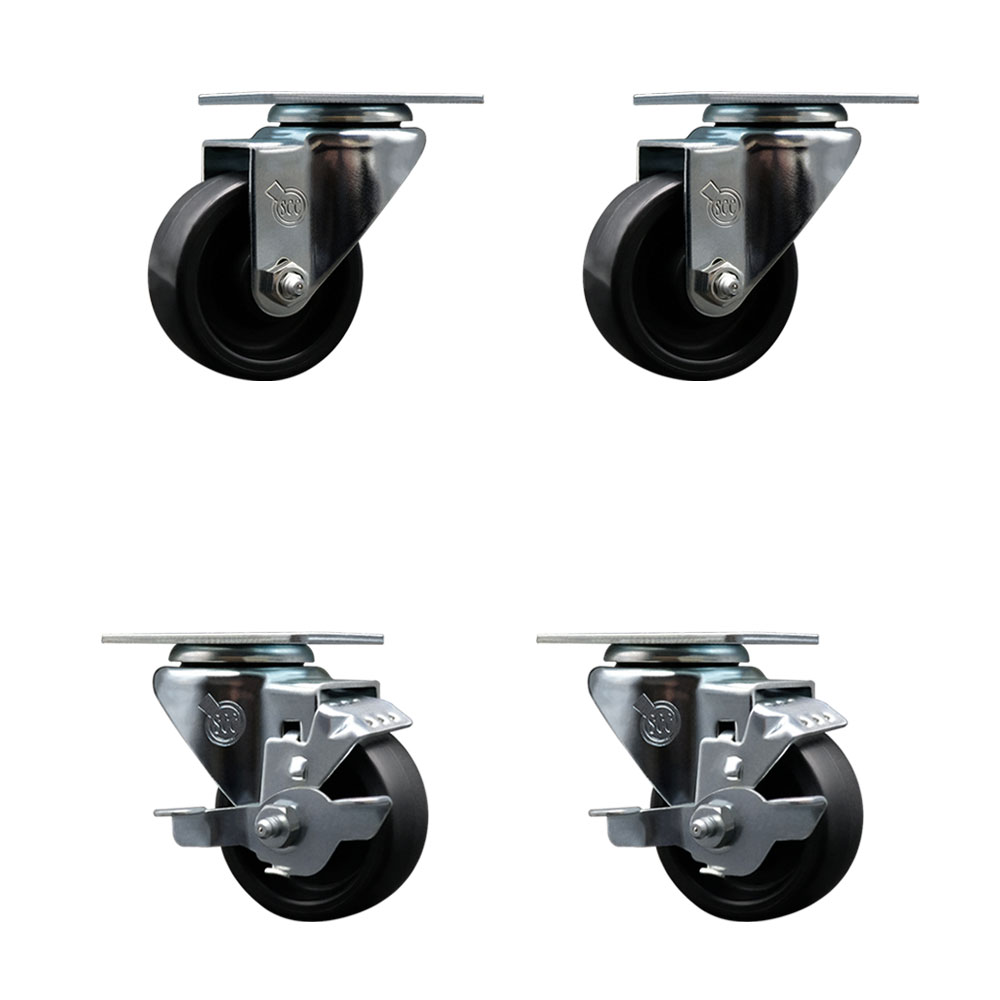 Polyolefin Swivel Top Plate Caster Wheels Set of 4 with 3 Inch Black Wheels - Includes 2 Swivel with Top Lock Brakes and 2 Swivel - 1200 lbs. Total Capacity - Service Caster Brand — photo 1
