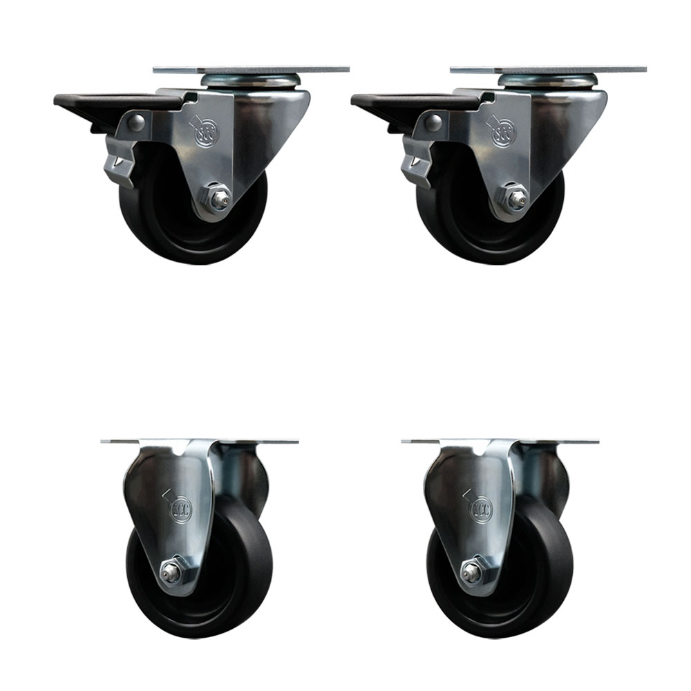 Polyolefin Swivel Top Plate Caster Wheels Set of 4 with 3 Inch Black Wheels - Includes 2 Swivel with Posi Lock Brakes and 2 Rigid - 1200 lbs. Total Capacity - Service Caster Brand — photo 1