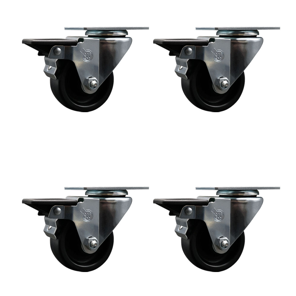 Polyolefin Swivel Top Plate Caster Wheels Set of 4 with 3 Inch Black Wheels - Includes 4 Swivel with Posi Lock Brakes - 1200 lbs. Total Capacity - Service Caster Brand — photo 1