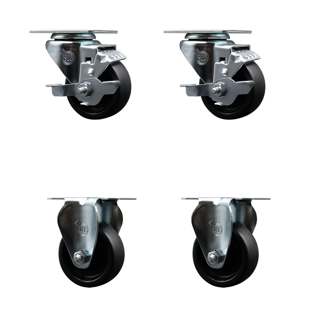 Polyolefin Swivel Top Plate Caster Wheels Set of 4 with 3 Inch Black Wheels - Includes 2 Swivel with Top Lock Brakes and 2 Rigid - 1200 lbs. Total Capacity - Service Caster Brand — photo 1