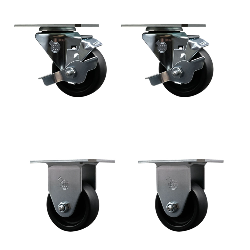 Swivel Caster Wheels Set of 4 with 2 Brakes and 2 Rigid - 3 Inch Polyolefin Wheel – 300 lbs. Capacity Per Caster – 3-1/8 Inch x 4-1/8 Inch Overall Top Plate – Service Caster Brand — photo 1