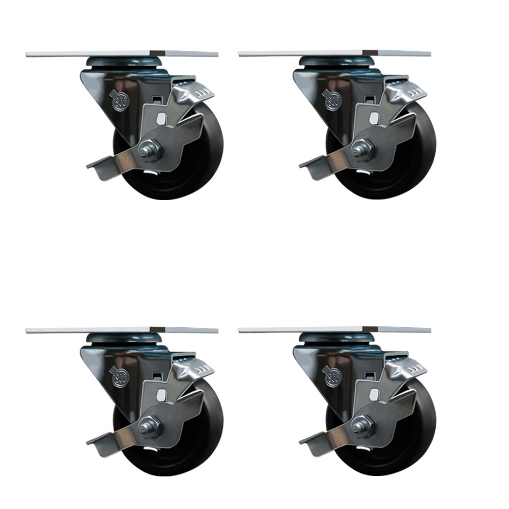 Swivel Caster Wheels Set of 4 with Brakes and 3 Inch Polyolefin Wheel – 300 lbs. Capacity Per Caster – 4 Inch x 4-1/2 Inch Overall Top Plate – Service Caster Brand — photo 1