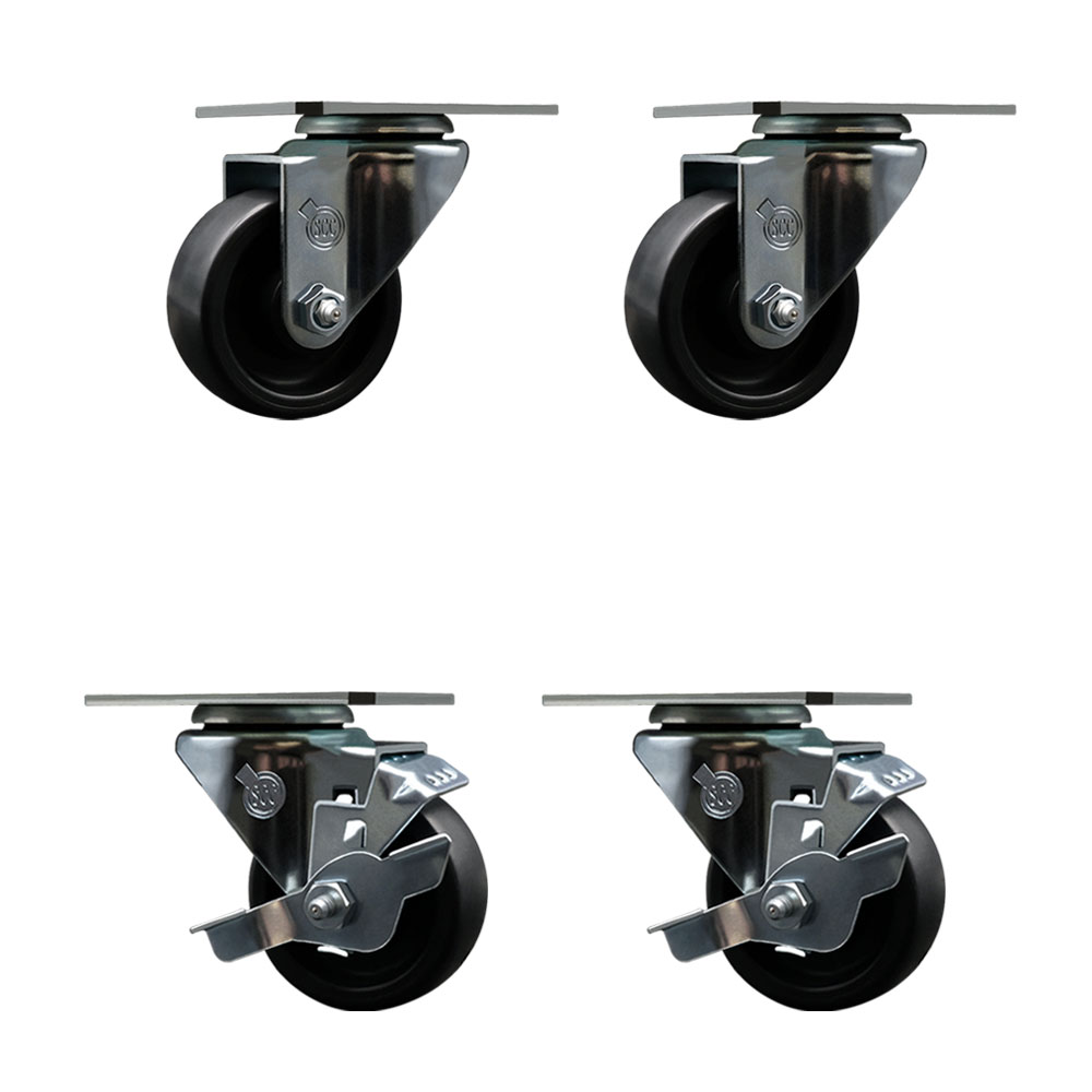Swivel Caster Wheels Set of 4 with 2 Brakes - 3 Inch Polyolefin Wheel – 300 lbs. Capacity Per Caster – 3-1/8 Inch x 4-1/8 Inch Overall Top Plate – Service Caster Brand — photo 1