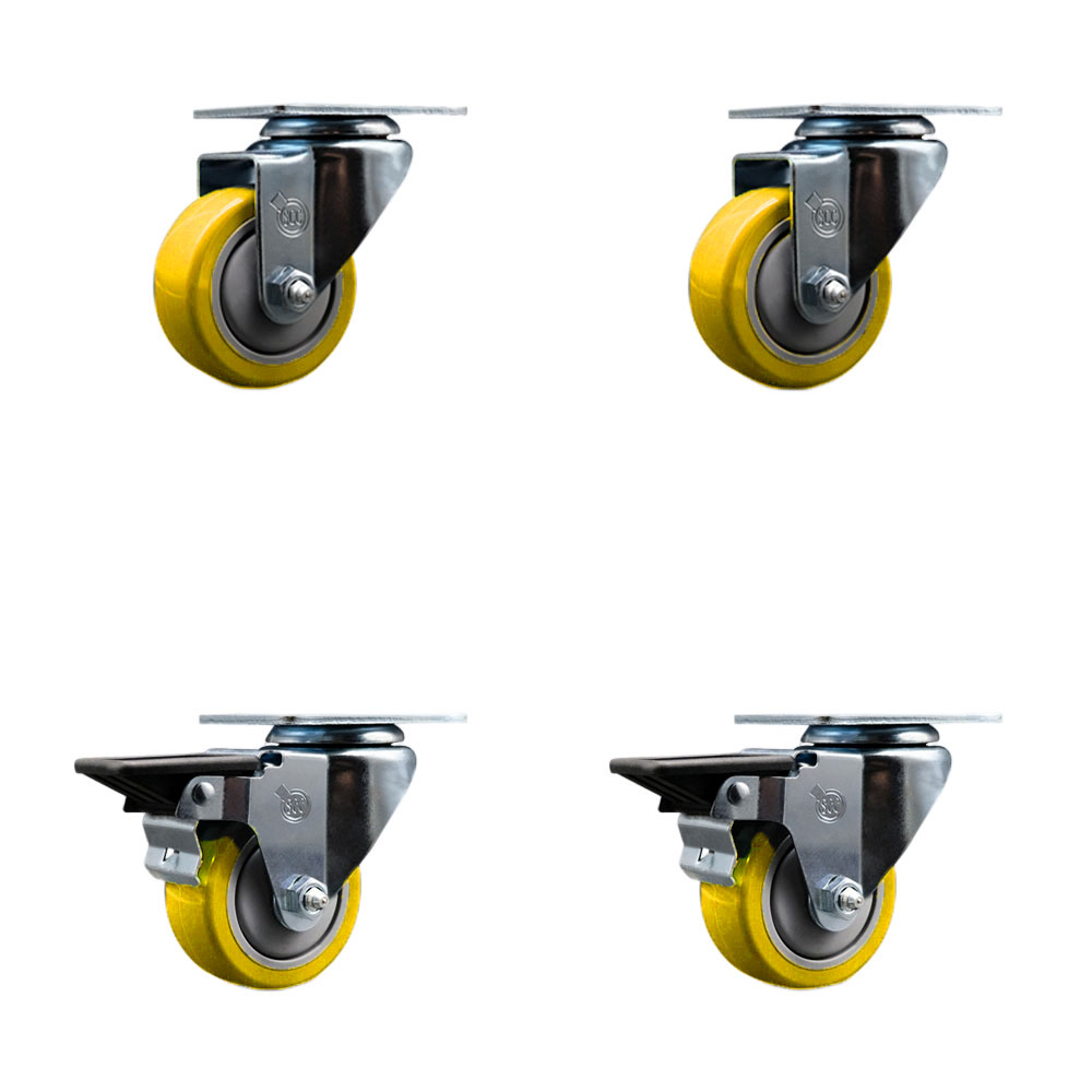 Polyurethane Swivel Top Plate Caster Set of 4 with 3 Inch Yellow Wheels - Includes 2 Swivel with Posi Locking Brakes and 2 Swivel - 1200 lbs. Total Capacity - Service Caster Brand — photo 1