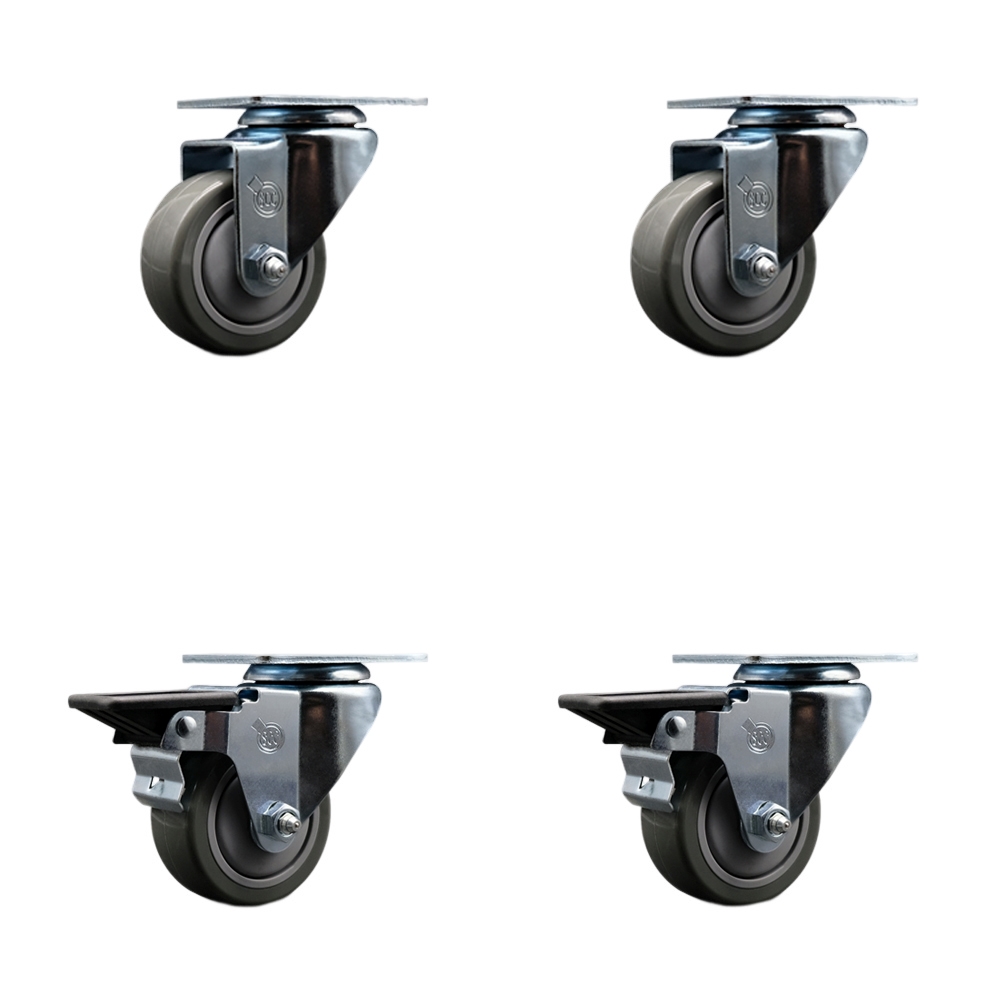 Polyurethane Swivel Top Plate Caster Set of 4 with 3 Inch Gray Wheels - Includes 2 Swivel with Posi Locking Brakes and 2 Swivel - 1200 lbs. Total Capacity - Service Caster Brand — photo 1