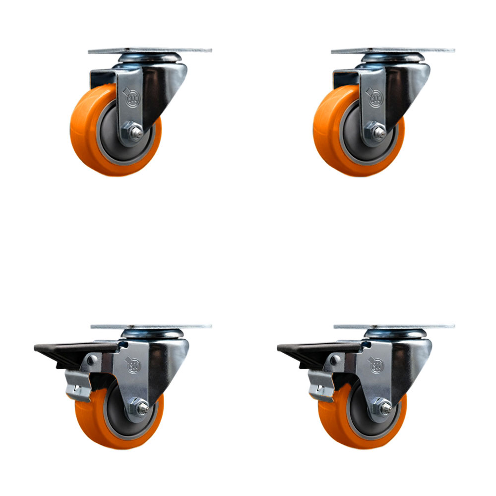 Polyurethane Swivel Top Plate Caster Set of 4 with 3 Inch Orange Wheels - Includes 2 Swivel with Posi Locking Brakes and 2 Swivel - 1200 lbs. Total Capacity - Service Caster Brand — photo 1