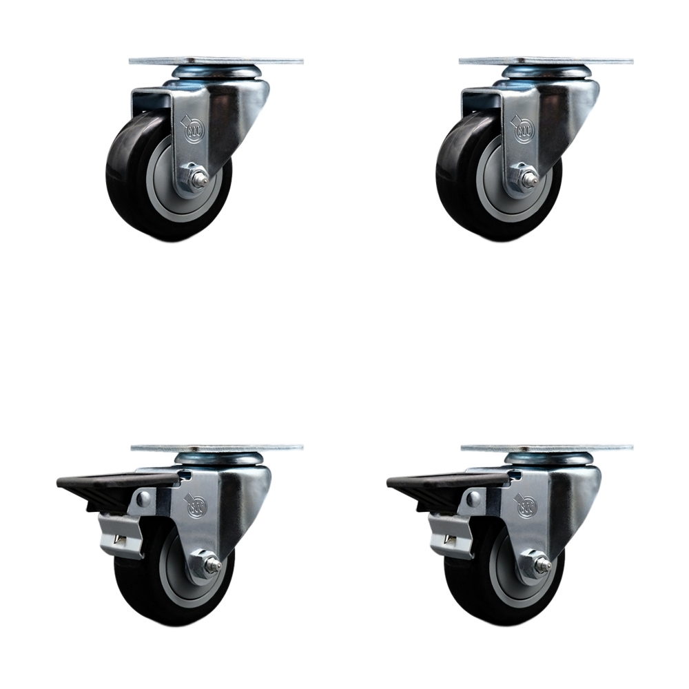 Polyurethane Swivel Top Plate Caster Set of 4 with 3 Inch Black Wheels - Includes 2 Swivel with Posi Locking Brakes and 2 Swivel - 1200 lbs. Total Capacity - Service Caster Brand — photo 1