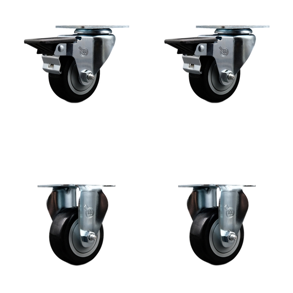 Polyurethane Swivel Top Plate Caster Set of 4 with 3 Inch Black Wheels - Includes 2 Swivel with Posi Locking Brakes and 2 Rigid - 1200 lbs. Total Capacity - Service Caster Brand — photo 1