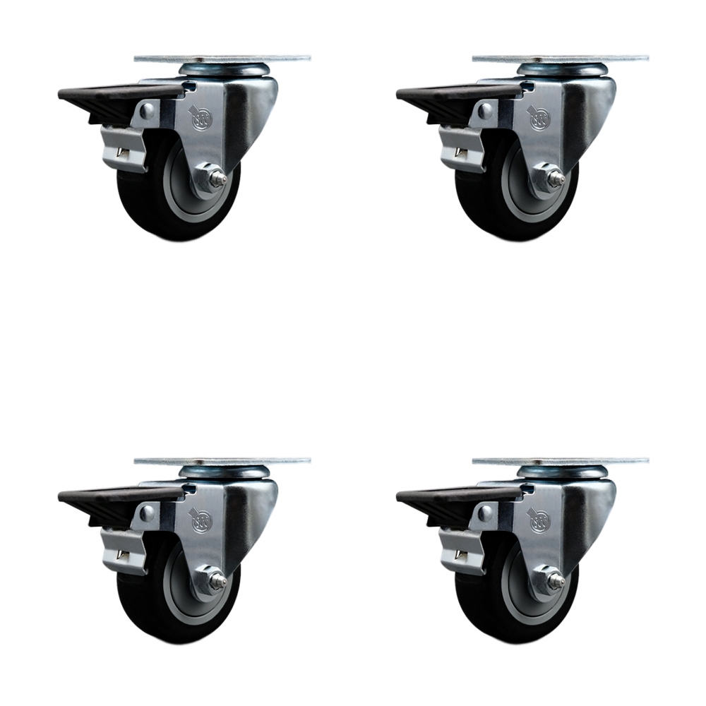 Polyurethane Swivel Top Plate Caster Set of 4 with 3 Inch Black Wheels - Includes 4 Swivel with Posi Lock Brakes - 1200 lbs. Total Capacity - Service Caster Brand — photo 1