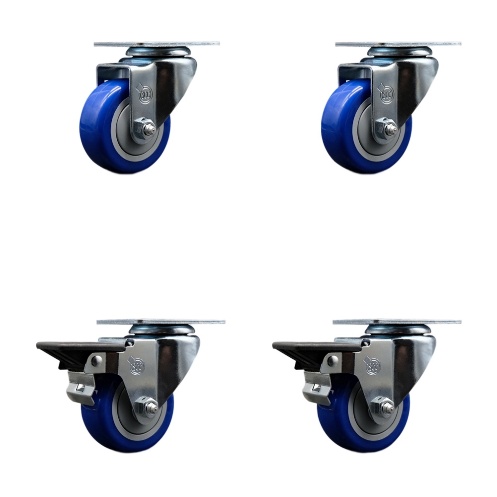 Polyurethane Swivel Top Plate Caster Set of 4 with 3 Inch Blue Wheels - Includes 2 Swivel with Posi Locking Brakes and 2 Swivel - 1200 lbs. Total Capacity - Service Caster Brand — photo 1