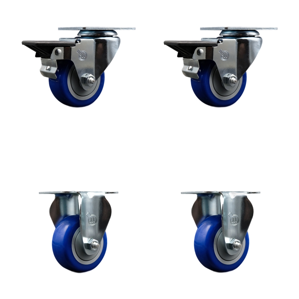 Polyurethane Swivel Top Plate Caster Set of 4 with 3 Inch Blue Wheels - Includes 2 Swivel with Posi Locking Brakes and 2 Rigid - 1200 lbs. Total Capacity - Service Caster Brand — photo 1