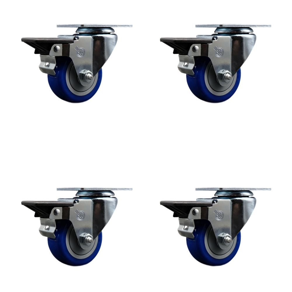 Polyurethane Swivel Top Plate Caster Set of 4 with 3 Inch Blue Wheels - Includes 4 Swivel with Posi Lock Brakes - 1200 lbs. Total Capacity - Service Caster Brand — photo 1