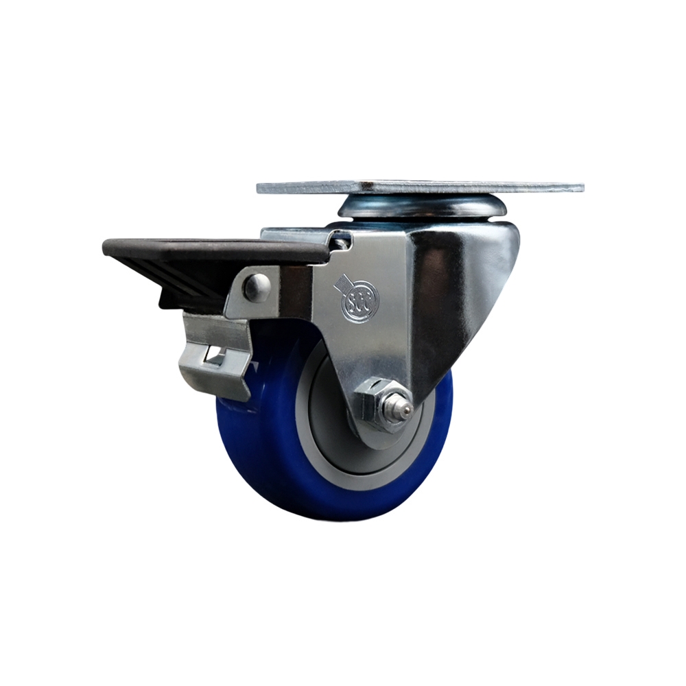 Polyurethane Swivel Top Plate Swivel Caster with 3 Inch Blue Wheel and Posi Locking Brake - 300 lbs. Capacity Per Caster - Service Caster Brand — photo 1