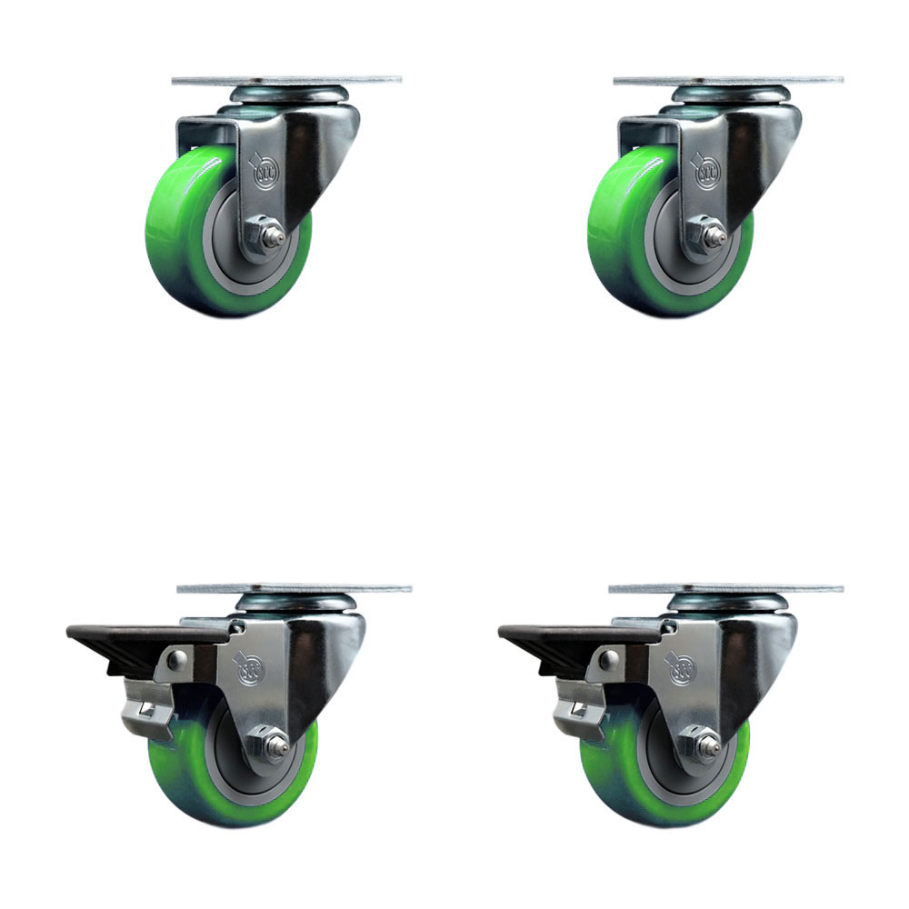Polyurethane Swivel Top Plate Caster Set of 4 with 3 Inch Green Wheels - Includes 2 Swivel with Posi Locking Brakes and 2 Swivel - 1200 lbs. Total Capacity - Service Caster Brand — photo 1