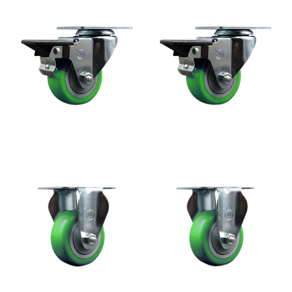 Polyurethane Swivel Top Plate Caster Set of 4 with 3 Inch Green Wheels - Includes 2 Swivel with Posi Locking Brakes and 2 Rigid - 1200 lbs. Total Capacity - Service Caster Brand — photo 1