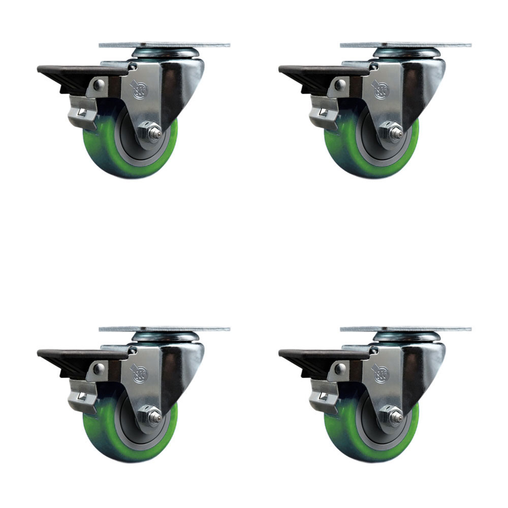 Polyurethane Swivel Top Plate Caster Set of 4 with 3 Inch Green Wheels - Includes 4 Swivel with Posi Lock Brakes - 1200 lbs. Total Capacity - Service Caster Brand — photo 1