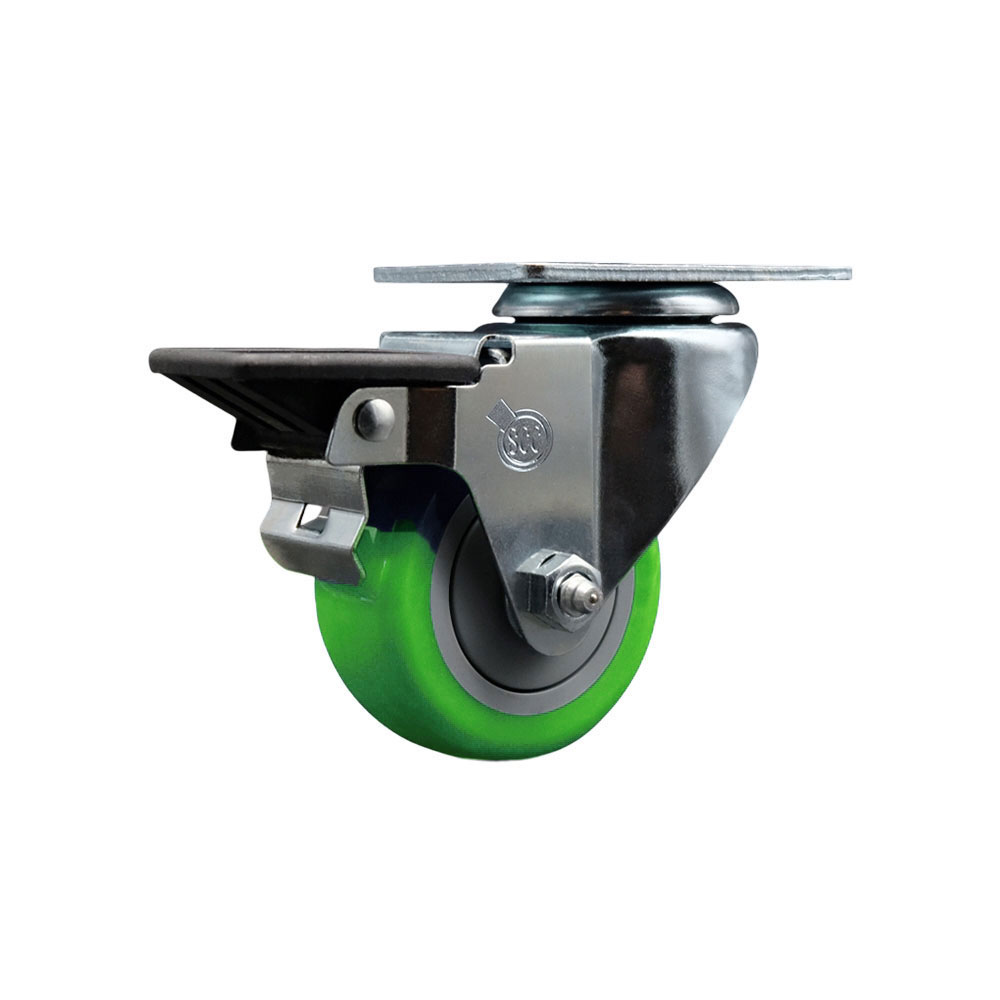 Polyurethane Swivel Top Plate Swivel Caster with 3 Inch Green Wheel and Posi Locking Brake - 300 lbs. Capacity Per Caster - Service Caster Brand — photo 1